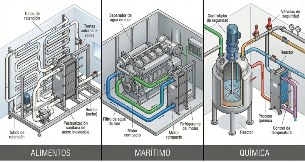 Examples of the use of heat exchangers in three industrial sectors: food pasteurization, marine engine cooling, and temperature control in chemical reactors.