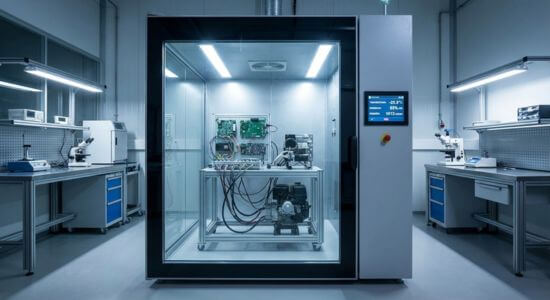 Cámara climática industrial con paredes transparentes mostrando componentes electrónicos siendo probados, con panel de control digital mostrando parámetros de temperatura, humedad y presión en un laboratorio profesional