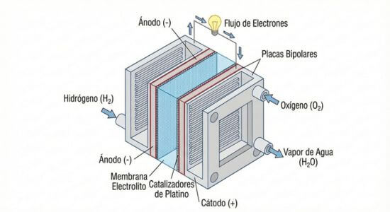 Diagrama técnico en corte transversal mostrando los componentes internos de una pila de combustible: ánodo, cátodo, electrolito, catalizadores y placas bipolares