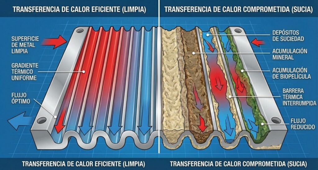 "Comparative diagram of two heat exchanger plates side by side: left shows clean surface with uniform thermal flow in color gradient, right shows the same surface with dirt deposits, mineral incrustations and accumulation that create thermal barriers reducing heat transfer efficiency"