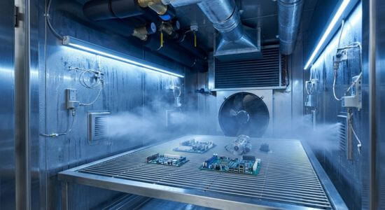 Vista interior de cámara climática industrial en funcionamiento con vapor visible, mostrando sistema de ventilación central, sensores ambientales, condensación en paredes metálicas y placas electrónicas bajo prueba en ambiente controlado