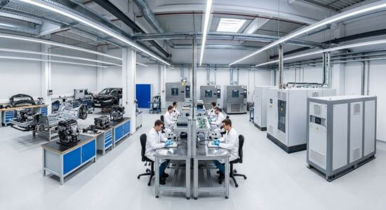 Laboratorio industrial amplio con técnicos en batas blancas analizando componentes automotrices y electrónicos, con cámaras climáticas de prueba y múltiples estaciones de trabajo especializadas