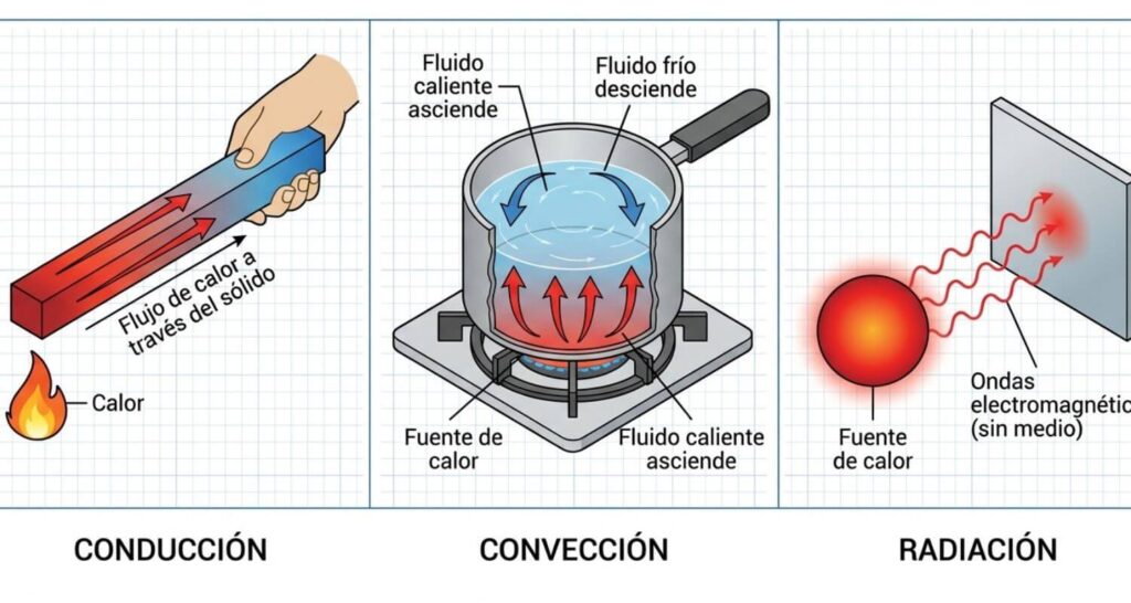 Illustrative diagram of the three heat transfer mechanisms: Conduction (metal bar heating up), Convection (water boiling in a pot) and Radiation (heat source emitting electromagnetic waves)