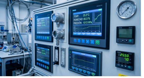 Panel de control industrial con pantallas digitales mostrando mediciones de temperatura, humedad relativa y presión atmosférica, con sensores y medidores integrados en un tablero técnico de laboratorio