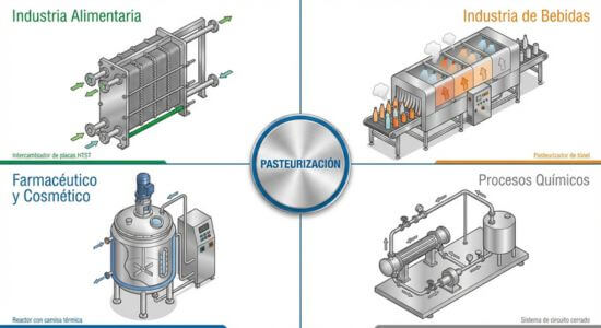 Equipos de pasteurización para diferentes sectores industriales: intercambiador de placas HTST para industria alimentaria, pasteurizador de túnel para bebidas, reactor con camisa térmica para sector farmacéutico y cosmético, y sistema de circuito cerrado para procesos químicos