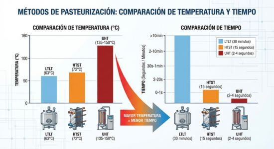 Gráfico comparativo de los tres métodos de pasteurización LTLT, HTST y UHT mostrando la relación inversa entre temperatura y tiempo de tratamiento térmico