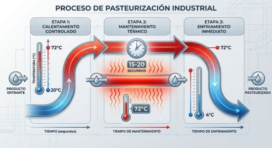 Diagrama de flujo del proceso de pasteurización mostrando las tres etapas: calentamiento controlado, mantenimiento térmico y enfriamiento inmediato con indicadores de temperatura y tiempo
