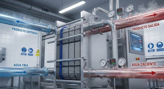 Sistema de pasteurización industrial en operación mostrando intercambiador de placas con flujo de producto entrante frío (azul) y producto saliente caliente (rojo), panel de control digital, manómetros de presión y tuberías de acero inoxidable en planta alimentaria