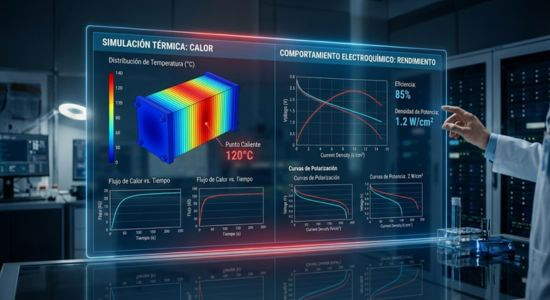 Visualización de simulación comparativa del rendimiento de una pila de combustible bajo diferentes condiciones ambientales de temperatura y humedad.