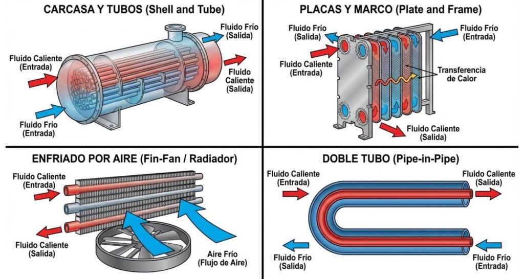 Comparative diagram of the four main types of industrial heat exchangers: Shell and Tubes, Plates and Frame, Air-cooled and Double Tube.