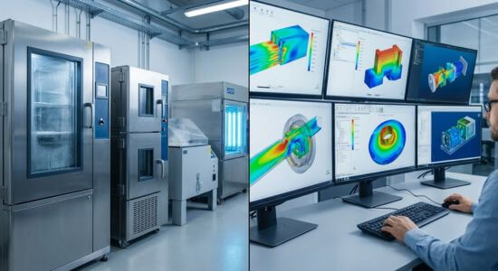Comparativa visual de tipos de simulación atmosférica mostrando equipos físicos de ensayo ambiental como cámaras climáticas y de choque térmico junto a estaciones de trabajo con simulación digital CFD y modelos computacionales térmicos